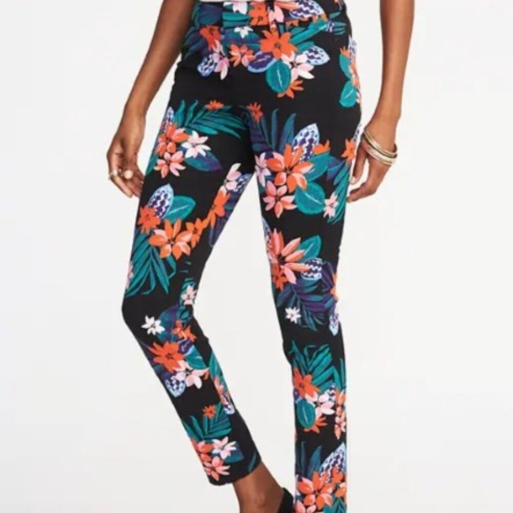 Old Navy Pixie Ankle Pants Womens 2 Black Tropical Floral Stretch Slim Tapered
